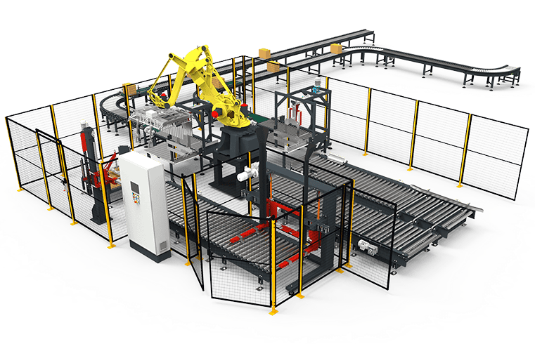 Línea de paletizado automático mediante robot paletizador. Con colocador de liners entre capas y transportadores de rodillos motorizados